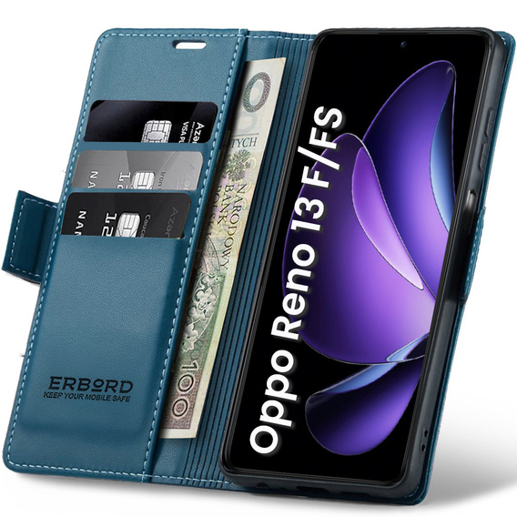 Θήκη για Oppo Reno 13F / Oppo Reno 13FS, ERBORD Glossy Litchi, πορτοφόλι με πτερύγιο, μπλε