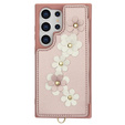 θήκη για Samsung Galaxy S24 Ultra, Leather Flower Card Slot, ροζ