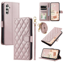 θήκη πτερύγιο για Samsung Galaxy S25 FE, Rhombus Crossbody Leather, ροζ rose gold