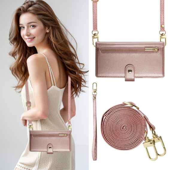 Θήκη με πτερύγιο για Samsung Galaxy S25, Wallet Zipper Pocket, ροζ
