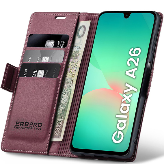 Θήκη για Samsung Galaxy A26, ERBORD Glossy Litchi, πορτοφόλι με πτερύγιο, κόκκινη
