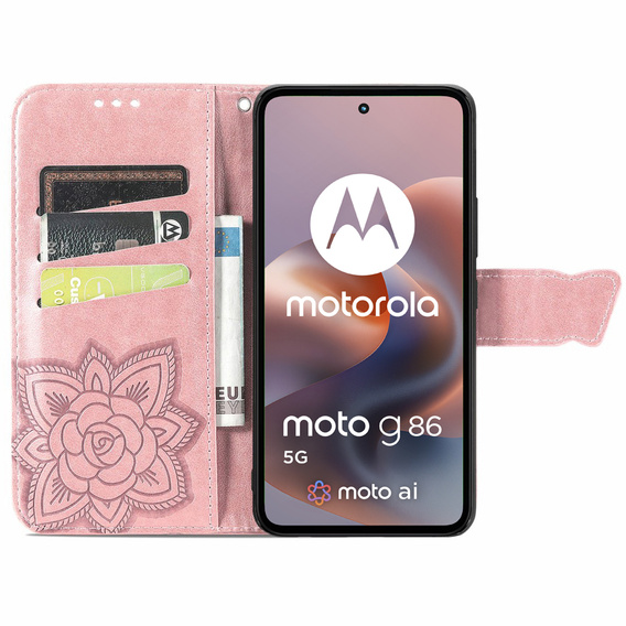 Θήκη με πτερύγιο για Motorola Moto G86 5G, Butterfly, ροζ rose gold