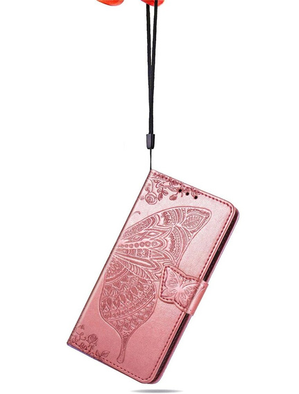 Θήκη με πτερύγιο για Oppo Reno 12, Butterfly, ροζ rose gold