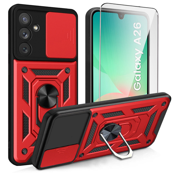Θωρακισμένη θήκη για Samsung Galaxy A26, CamShield Slide, κόκκινη + Μετριασμένο γυαλί 9H