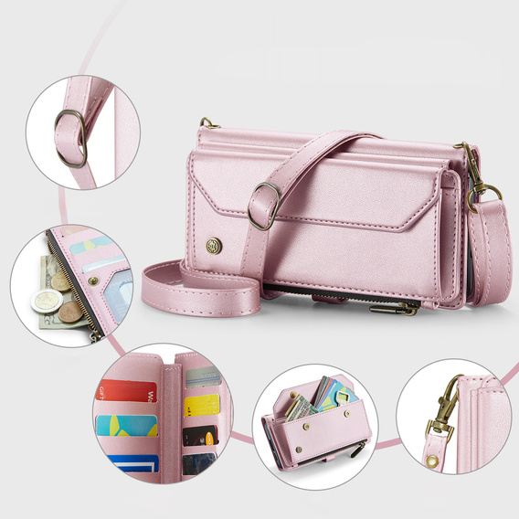 θήκη CASEME για Samsung Galaxy S25 FE, RFID Leather Wallet, με λουράκι ώμου, ροζ