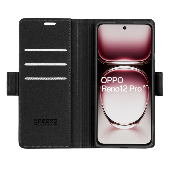 Θήκη για Oppo Reno 12 Pro, ERBORD Glossy Litchi, πορτοφόλι με πτερύγιο, μαύρη