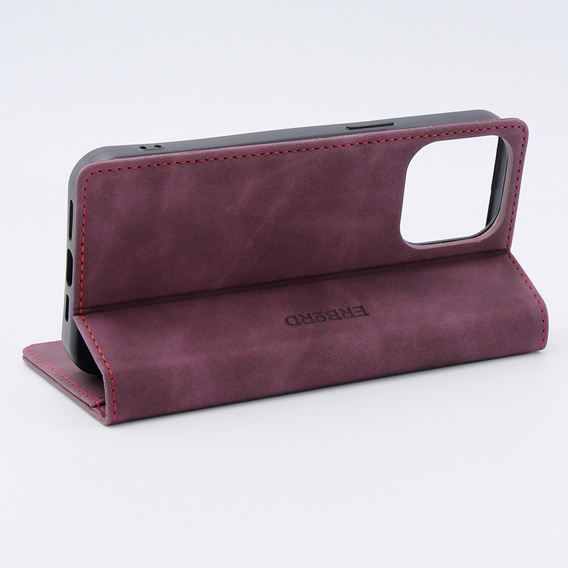 Θήκη για iPhone 15 Pro, ERBORD Vintage, πορτοφόλι με πτερύγιο, κόκκινη