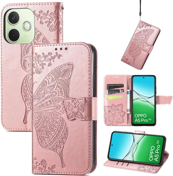Θήκη με πτερύγιο για Oppo A5 Pro 5G, Butterfly, ροζ rose gold