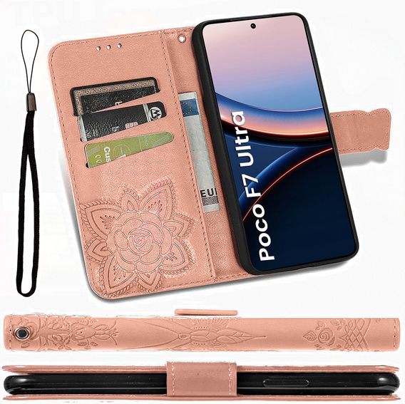 Θήκη με πτερύγιο για Xiaomi Poco F7 Ultra, Butterfly, ροζ rose gold