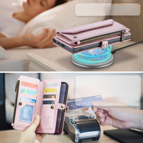 θήκη CASEME για Samsung Galaxy S24 FE, RFID Leather Wallet, με λουράκι ώμου, ροζ