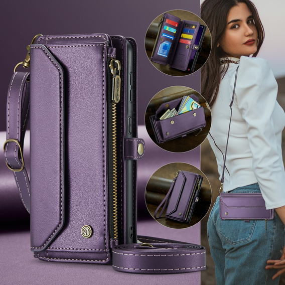 θήκη CASEME για Samsung Galaxy S24 FE, RFID Leather Wallet, με λουράκι ώμου, μωβ