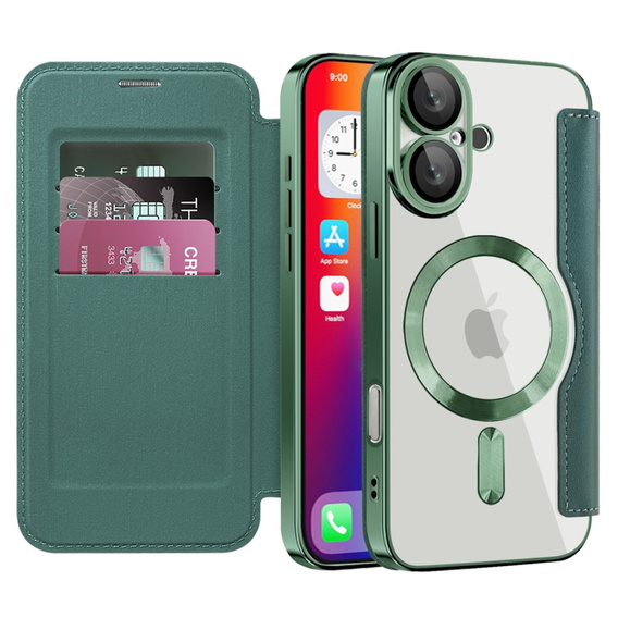 Θήκη με πτερύγιο για iPhone 16, RFID Wallet MagSafe CamShield, πράσινη