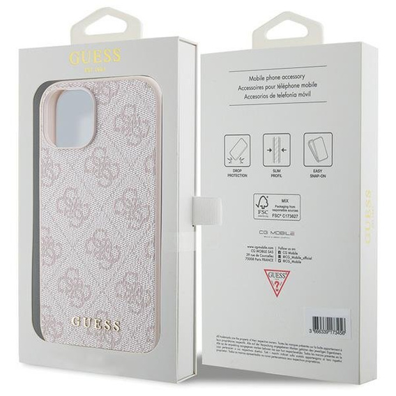 GUESS Θήκη για iPhone 15, 4G Metal Gold Logo, ροζ