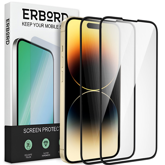 2x Μετριασμένο γυαλί για iPhone 14 Pro, ERBORD 3D πλήρης οθόνη