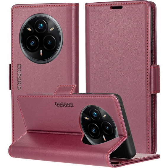 Θήκη για Realme 14 Pro 5G, ERBORD Glossy Litchi, πορτοφόλι με πτερύγιο, κόκκινη