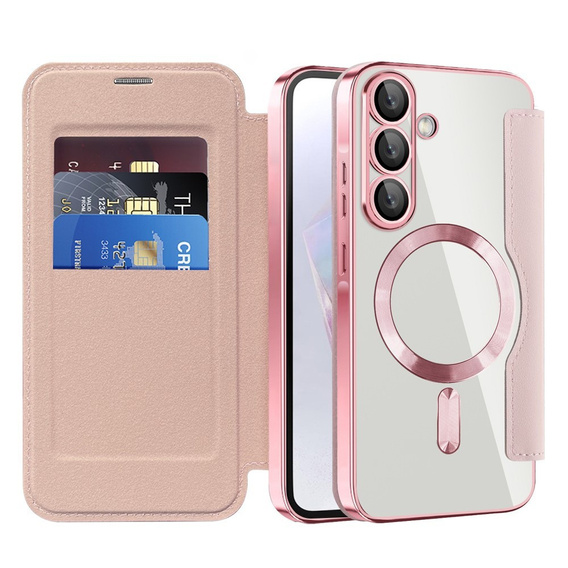 Θήκη με πτερύγιο για Samsung Galaxy A17 5G, πορτοφόλι RFID, για MagSafe, διάφανο / ροζ
