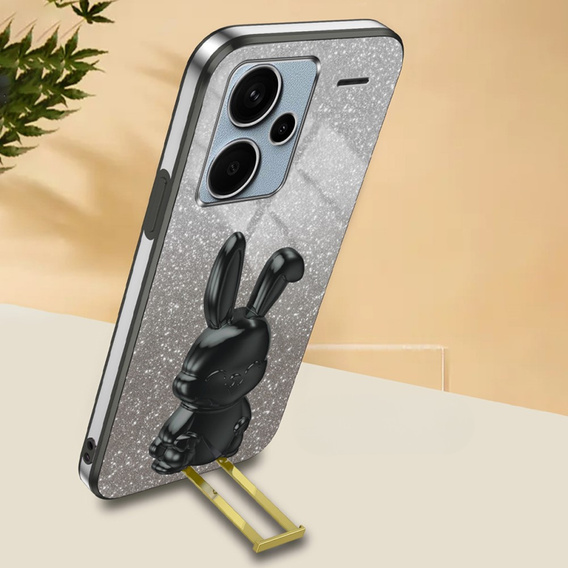 Θήκη για Xiaomi Redmi Note 13 Pro+, Glitter Rabbit, με συρόμενη βάση στήριξης, μαύρη