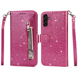 Θήκη με πτερύγιο για Samsung Galaxy A35 5G, Wallet Zipper Pocket Glittery, ροζ