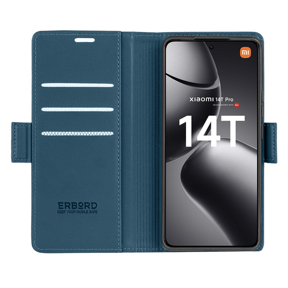 Θήκη για Xiaomi 14T Pro, ERBORD Glossy Litchi, πορτοφόλι με πτερύγιο, μπλε