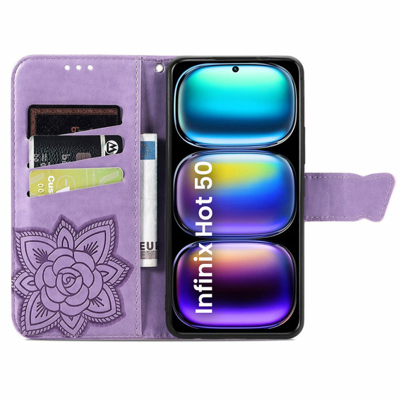 Θήκη με πτερύγιο για Infinix Hot 50 4G, Butterfly, μωβ