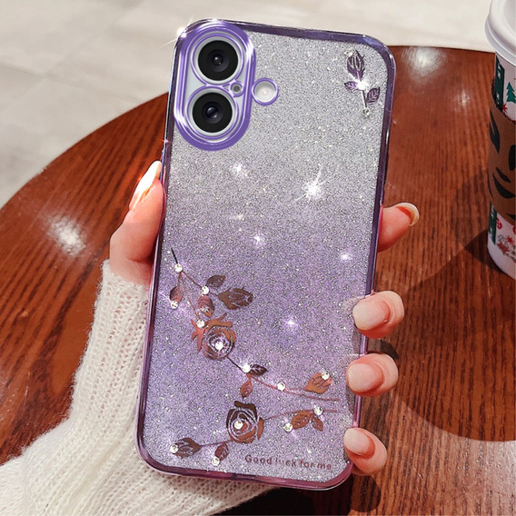 Θήκη για iPhone 16 Plus, Glitter Flower, μωβ