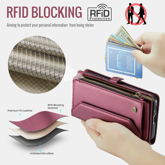 θήκη CASEME για Samsung Galaxy S25 FE, RFID Leather Wallet, με λουράκι ώμου, κόκκινη