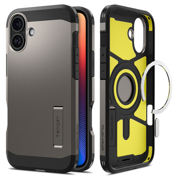 θήκη Spigen για iPhone 16, Tough Armor Mag Mag MagSafe, γκρι + μετριασμένο γυαλί 9H