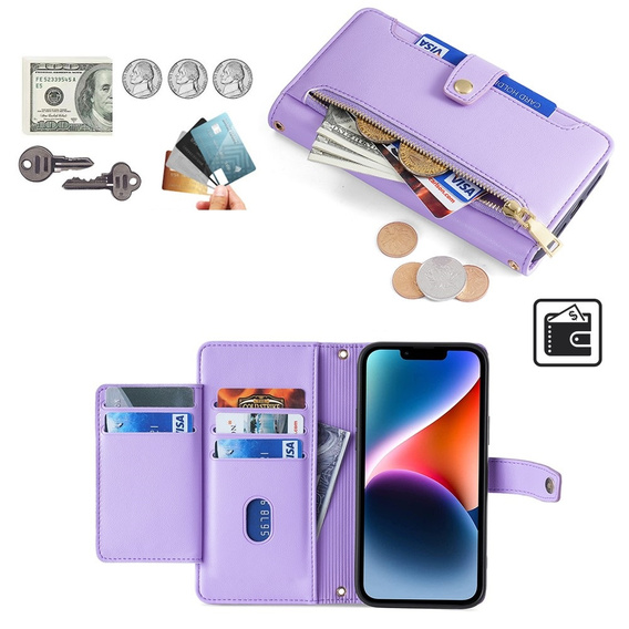 Θήκη με πτερύγιο για iPhone 14, Wallet Zipper Pocket, μωβ