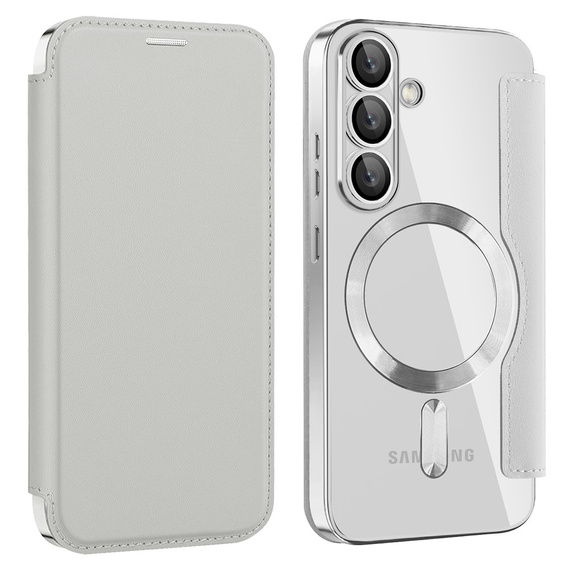 Θήκη με πτερύγιο για Samsung Galaxy S25, RFID Wallet MagSafe CamShield, ασημένια