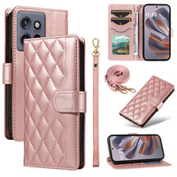 θήκη πτερύγιο για Motorola Edge 50 Neo, Rhombus Crossbody Leather, ροζ rose gold