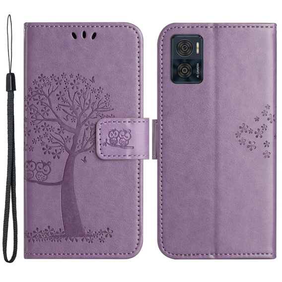 Θήκη με πτερύγιο για Motorola Moto E22 / E22i, Wallet, tree i sowy, μωβ