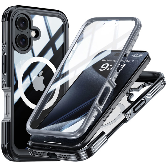 Θήκη για iPhone 16, Shockproof, με γυαλί, για MagSafe, μαύρη