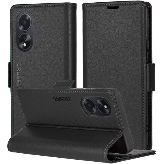 Θήκη για Oppo A60, ERBORD Glossy Litchi, πορτοφόλι με πτερύγιο, μαύρη