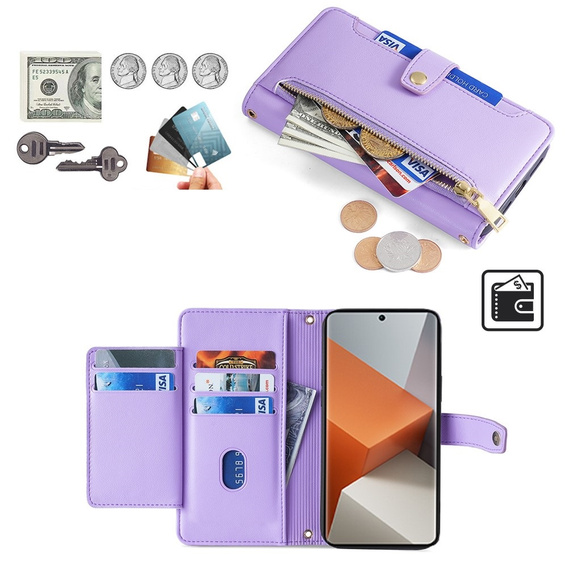 Θήκη με πτερύγιο για Xiaomi Redmi Note 13 Pro+, Wallet Zipper Pocket, μωβ