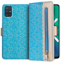 θήκη πτερύγιο για Samsung Galaxy A51, Wallet Pocket Zipper Lace, μπλε