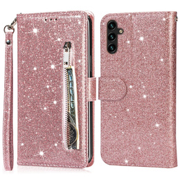 Θήκη με πτερύγιο για Samsung Galaxy A56 5G, Wallet Zipper Pocket Glittery, ροζ rose gold
