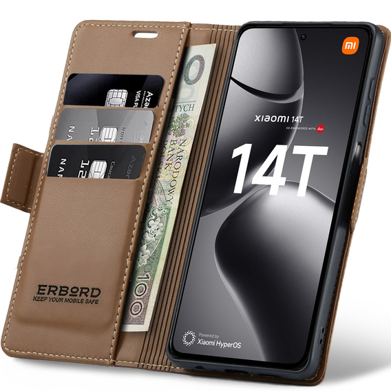 Θήκη για Xiaomi 14T, ERBORD Glossy Litchi, πορτοφόλι με πτερύγιο, καφέ
