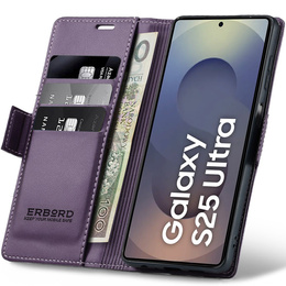 Θήκη για Samsung Galaxy S25 Ultra, ERBORD Glossy Litchi, πορτοφόλι με πτερύγιο, μωβ