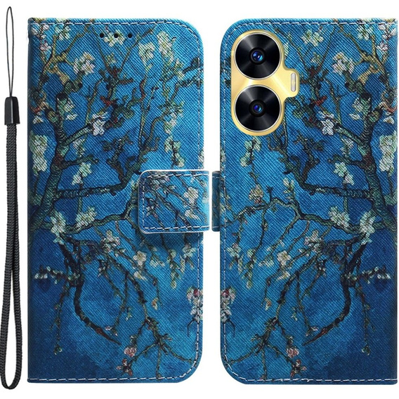 Θήκη με πτερύγιο για Realme C55, Wallet, Cherry blossom, μπλε