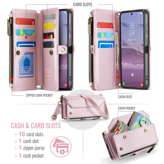 θήκη CASEME για Samsung Galaxy S25 FE, RFID Leather Wallet, με λουράκι ώμου, ροζ
