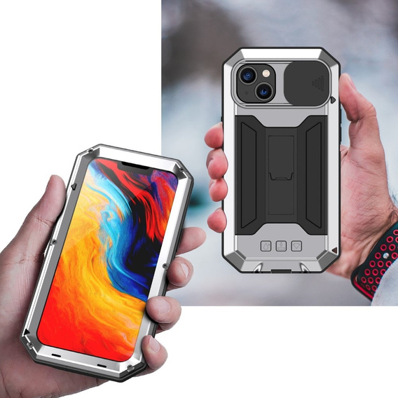 Θήκη για iPhone 14, R-JUST CamShield Slide, θωρακισμένη, ασημένια / μαύρη