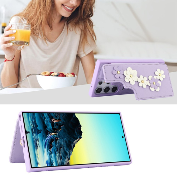 θήκη για Samsung Galaxy S25 Ultra, Leather Flower Card Slot, μωβ