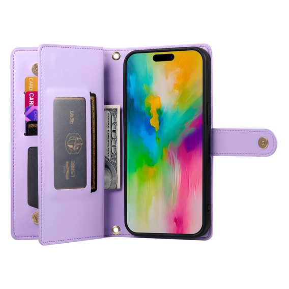 Θήκη με πτερύγιο για iPhone 16 Pro Max, Wallet Zipper Pocket, μωβ