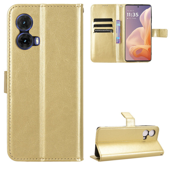 Θήκη με πτερύγιο για Motorola Moto G85, Crazy Horse Wallet, χρυσή