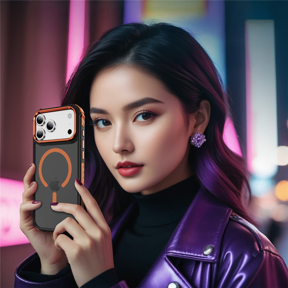 Ματ θήκη για iPhone 17 Pro Max, θωρακισμένη, για MagSafe, καπνιστή με πορτοκαλί πλευρές