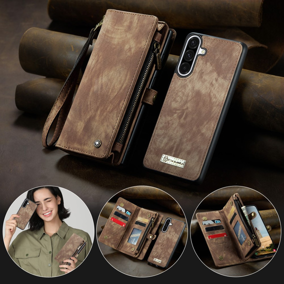 CASEME θήκη για Samsung Galaxy A56 5G, Retro Leather Wallet, με λουράκι, καφέ