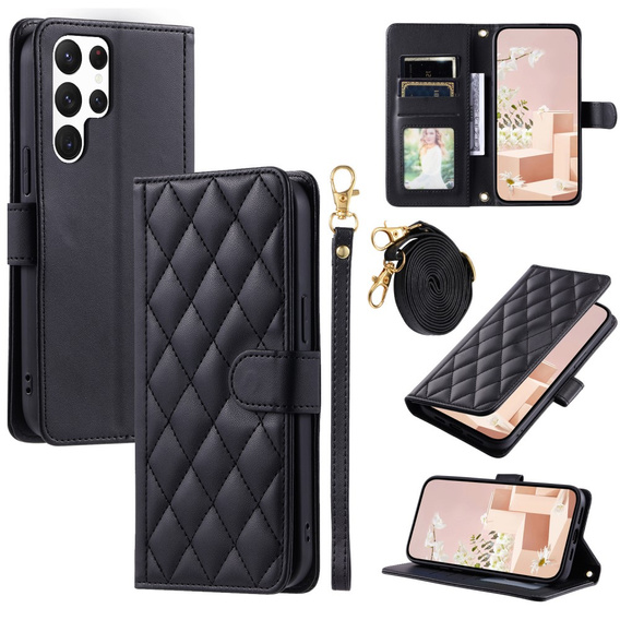 θήκη πτερύγιο για Samsung Galaxy S25 Ultra, Rhombus Crossbody Leather, μαύρη