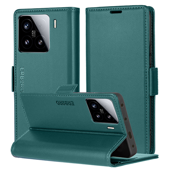 Θήκη για Xiaomi 15, ERBORD Glossy Litchi, πορτοφόλι με πτερύγιο, πράσινη