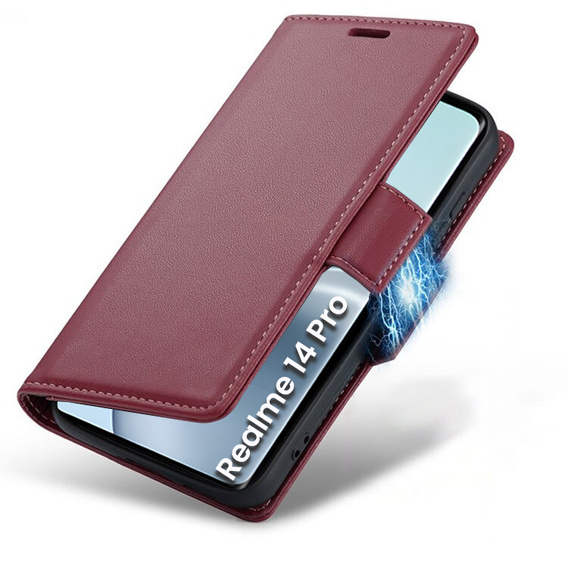 Θήκη για Realme 14 Pro 5G, ERBORD Glossy Litchi, πορτοφόλι με πτερύγιο, κόκκινη