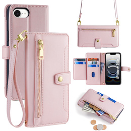 Θήκη με πτερύγιο για iPhone 16E, Wallet Zipper Pocket, ροζ